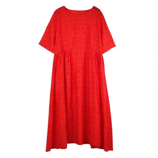 Plus Size Women Elegant O-neck Short Sleeve Pleated Dress