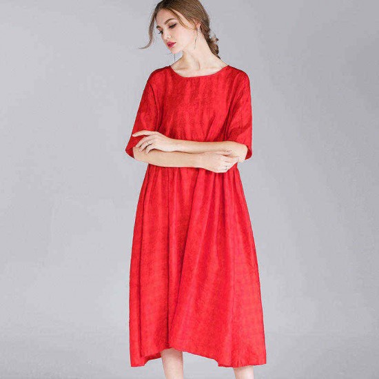 Plus Size Women Elegant O-neck Short Sleeve Pleated Dress