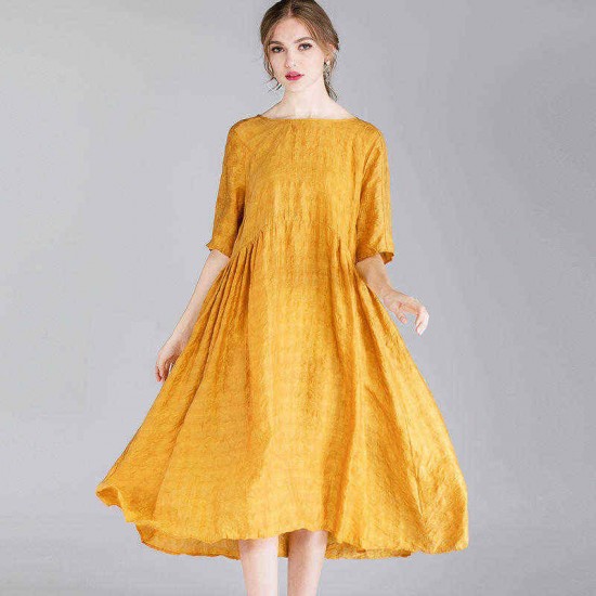 Plus Size Women Elegant O-neck Short Sleeve Pleated Dress