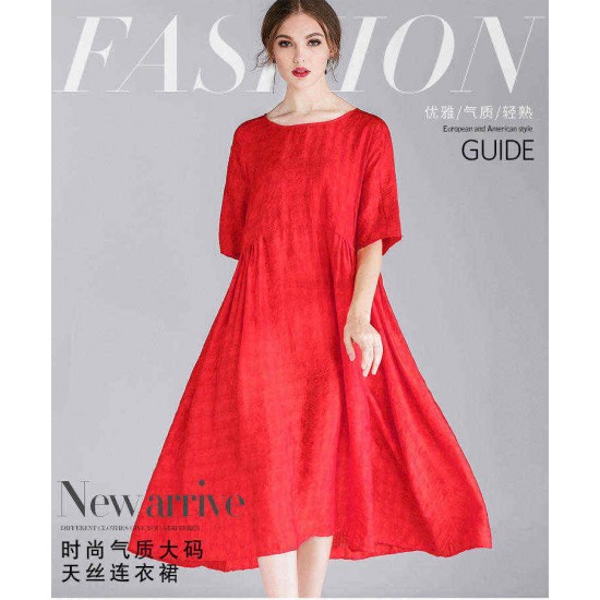 Plus Size Women Elegant O-neck Short Sleeve Pleated Dress