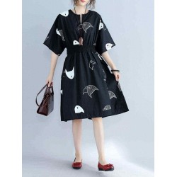 Plus Size Women Fish Printed Dress Elastic Waist Cotton Linen Dresses