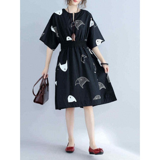 Plus Size Women Fish Printed Dress Elastic Waist Cotton Linen Dresses