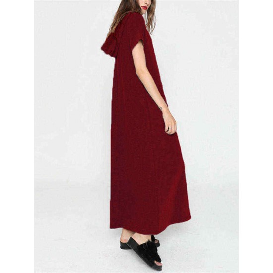 Plus Size Women Hooded Short Sleeve Pockets Casual Loose Dress