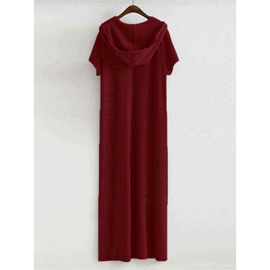 Plus Size Women Hooded Short Sleeve Pockets Casual Loose Dress