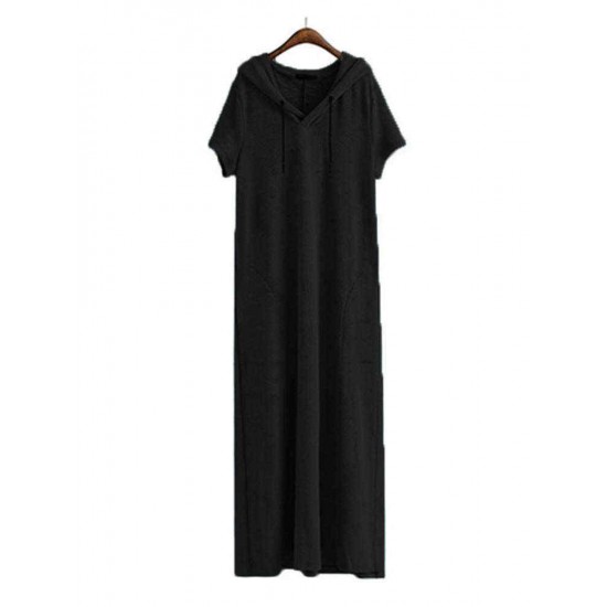 Plus Size Women Hooded Short Sleeve Pockets Casual Loose Dress