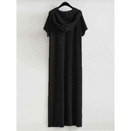 Plus Size Women Hooded Short Sleeve Pockets Casual Loose Dress