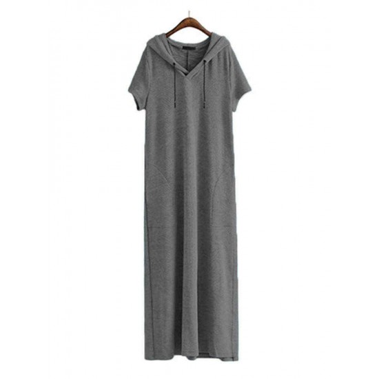 Plus Size Women Hooded Short Sleeve Pockets Casual Loose Dress