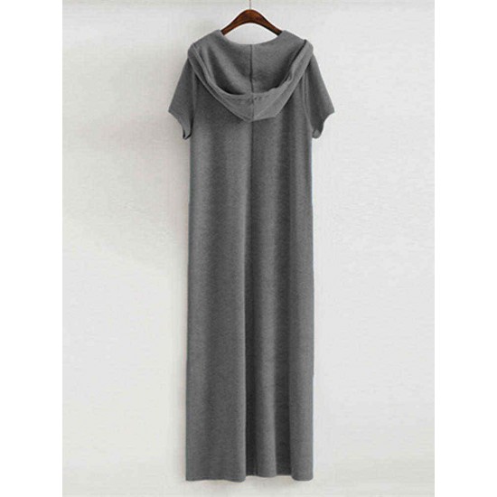 Plus Size Women Hooded Short Sleeve Pockets Casual Loose Dress