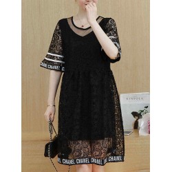 Plus Size Women Letter Printing Hollow Out Black Lace Dress