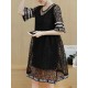 Plus Size Women Letter Printing Hollow Out Black Lace Dress