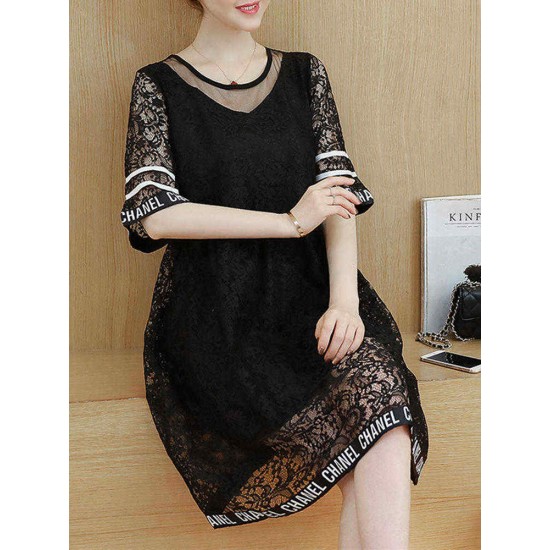 Plus Size Women Letter Printing Hollow Out Black Lace Dress