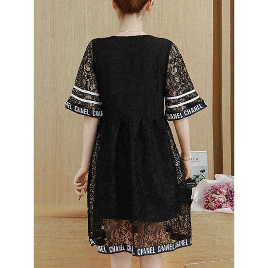 Plus Size Women Letter Printing Hollow Out Black Lace Dress