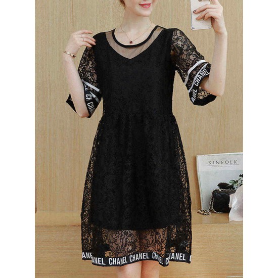 Plus Size Women Letter Printing Hollow Out Black Lace Dress