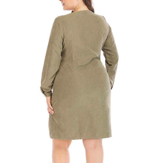 Plus Size Women Long Sleeves Solid Color Work Style Dress with Pockets Plus Size Women Long Sleeves Solid Color Work Style Dress with Pockets