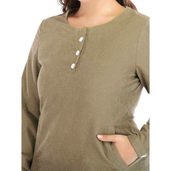 Plus Size Women Long Sleeves Solid Color Work Style Dress with Pockets Plus Size Women Long Sleeves Solid Color Work Style Dress with Pockets