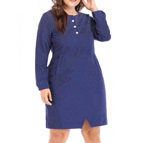 Plus Size Women Long Sleeves Solid Color Work Style Dress with Pockets Plus Size Women Long Sleeves Solid Color Work Style Dress with Pockets