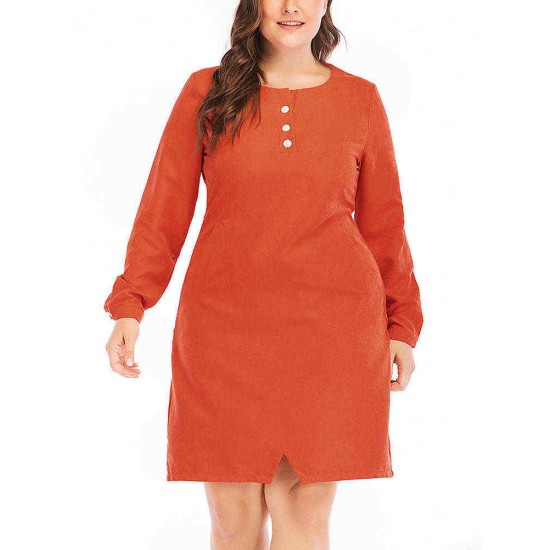 Plus Size Women Long Sleeves Solid Color Work Style Dress with Pockets Plus Size Women Long Sleeves Solid Color Work Style Dress with Pockets
