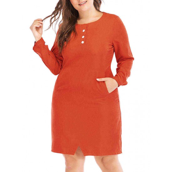 Plus Size Women Long Sleeves Solid Color Work Style Dress with Pockets Plus Size Women Long Sleeves Solid Color Work Style Dress with Pockets