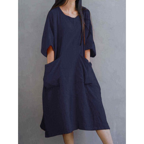 Plus Size Women Loose Baggy Casual Solid Batwing Long Shirt Dress