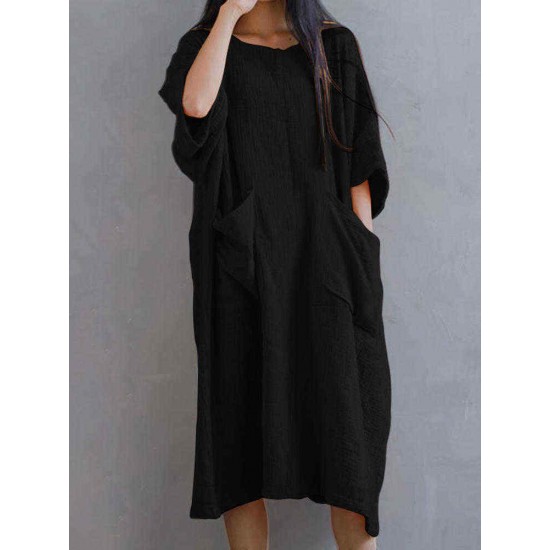 Plus Size Women Loose Baggy Casual Solid Batwing Long Shirt Dress