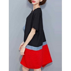 Plus Size Women Loose Color Splicing Short Sleeve O-Neck Dress