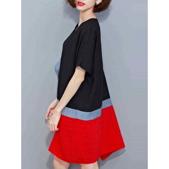 Plus Size Women Loose Color Splicing Short Sleeve O-Neck Dress Plus Size Women Loose Color Splicing Short Sleeve O-Neck Dress
