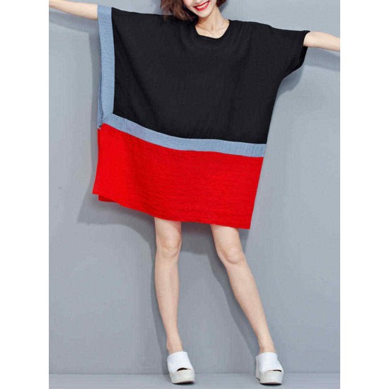 Plus Size Women Loose Color Splicing Short Sleeve O-Neck Dress Plus Size Women Loose Color Splicing Short Sleeve O-Neck Dress