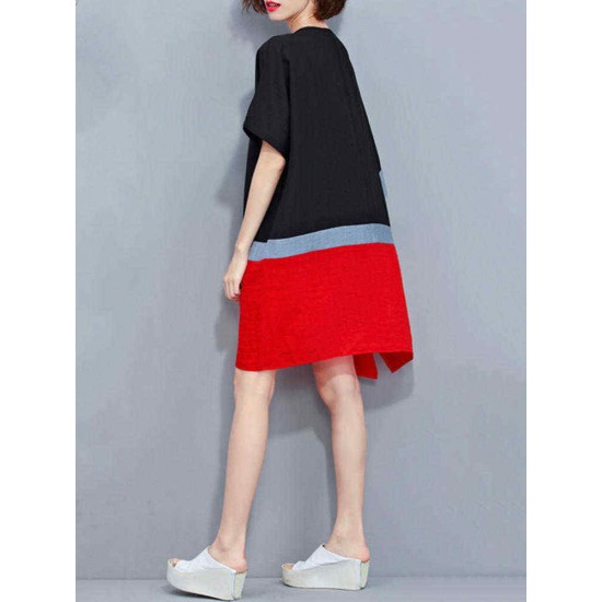 Plus Size Women Loose Color Splicing Short Sleeve O-Neck Dress Plus Size Women Loose Color Splicing Short Sleeve O-Neck Dress
