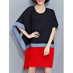 Plus Size Women Loose Color Splicing Short Sleeve O-Neck Dress