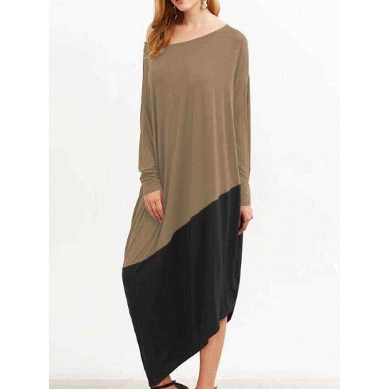 Plus Size Women Patchwork Dress O Neck Long Sleeve  Asymmetrical Hem Dresses