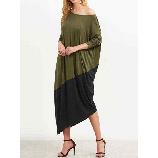 Plus Size Women Patchwork Dress O Neck Long Sleeve  Asymmetrical Hem Dresses