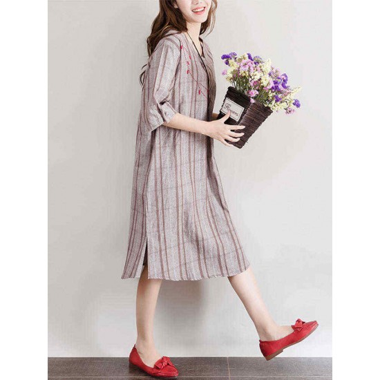 Plus Size Women Plaid Dress Embroidery Flax Half Sleeve Pockets Dresses