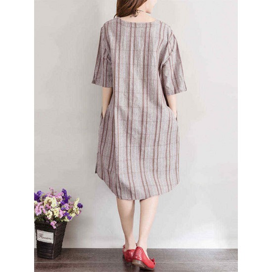 Plus Size Women Plaid Dress Embroidery Flax Half Sleeve Pockets Dresses