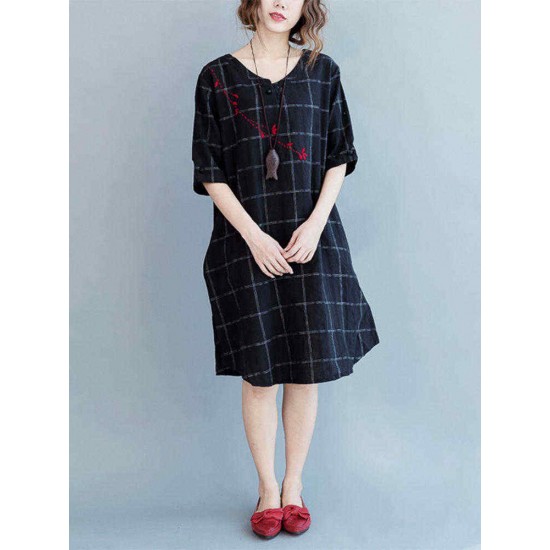 Plus Size Women Plaid Dress Embroidery Flax Half Sleeve Pockets Dresses