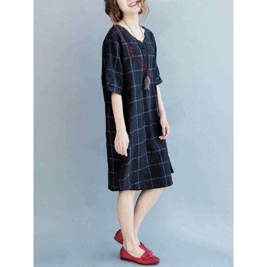 Plus Size Women Plaid Dress Embroidery Flax Half Sleeve Pockets Dresses