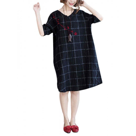 Plus Size Women Plaid Dress Embroidery Flax Half Sleeve Pockets Dresses