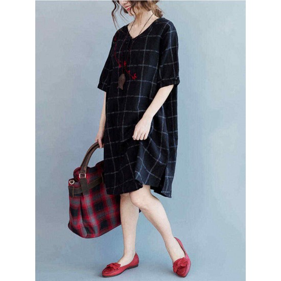 Plus Size Women Plaid Dress Embroidery Flax Half Sleeve Pockets Dresses