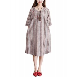 Plus Size Women Plaid Dress Embroidery Flax Half Sleeve Pockets Dresses