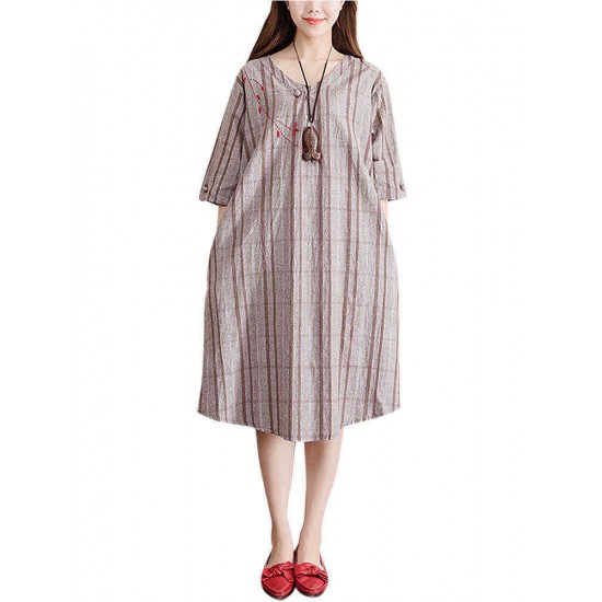 Plus Size Women Plaid Dress Embroidery Flax Half Sleeve Pockets Dresses