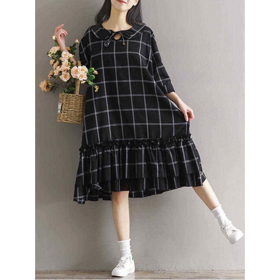 Plus Size Women Plaid Dress Long Sleeve Elegant Mori Girl Dresses