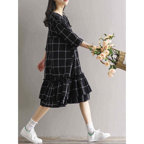 Plus Size Women Plaid Dress Long Sleeve Elegant Mori Girl Dresses