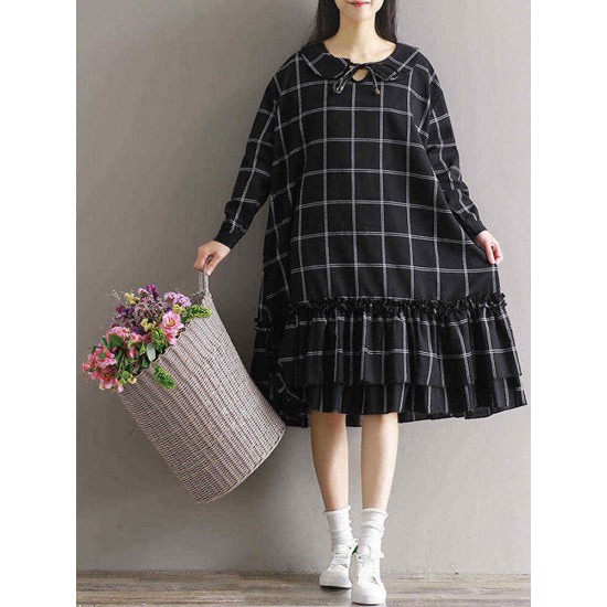 Plus Size Women Plaid Dress Long Sleeve Elegant Mori Girl Dresses