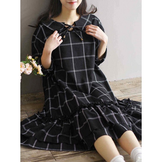 Plus Size Women Plaid Dress Long Sleeve Elegant Mori Girl Dresses