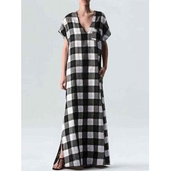 Plus Size Women Plaid V-neck Short Sleeve Front Pocket Maxi Dress