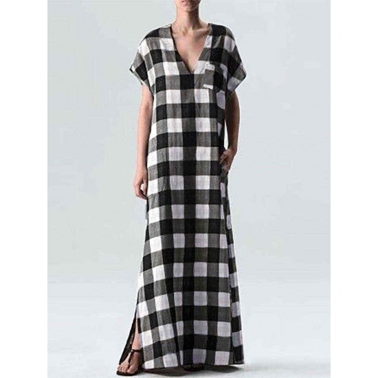 Plus Size Women Plaid V-neck Short Sleeve Front Pocket Maxi Dress