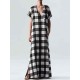 Plus Size Women Plaid V-neck Short Sleeve Front Pocket Maxi Dress