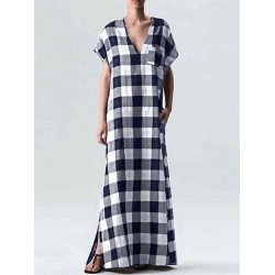 Plus Size Women Plaid V-neck Short Sleeve Front Pocket Maxi Dress