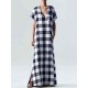 Plus Size Women Plaid V-neck Short Sleeve Front Pocket Maxi Dress