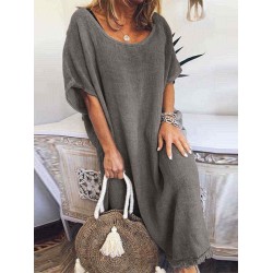Plus Size Women Pure Color Crew Neck Loose Short Sleeve Dress