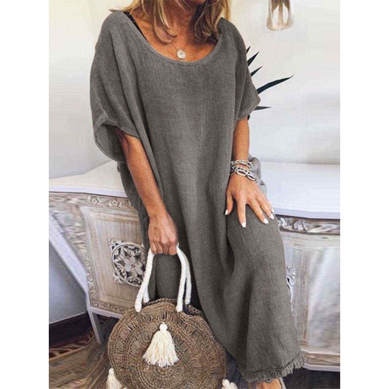 Plus Size Women Pure Color Crew Neck Loose Short Sleeve Dress